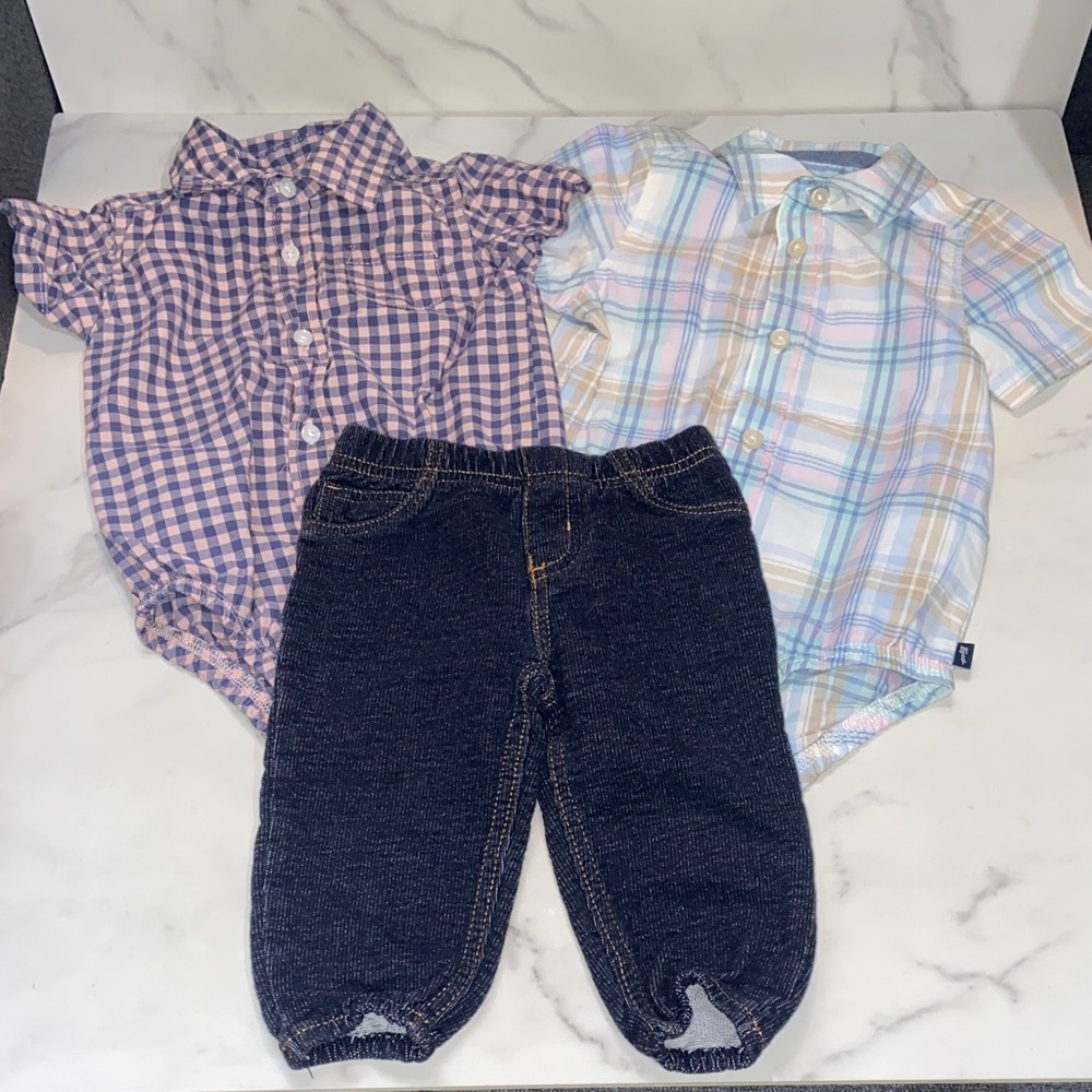 Carters baby B’gosh Plaid Baby Bodysuit with Denim Pants set size 9 Months